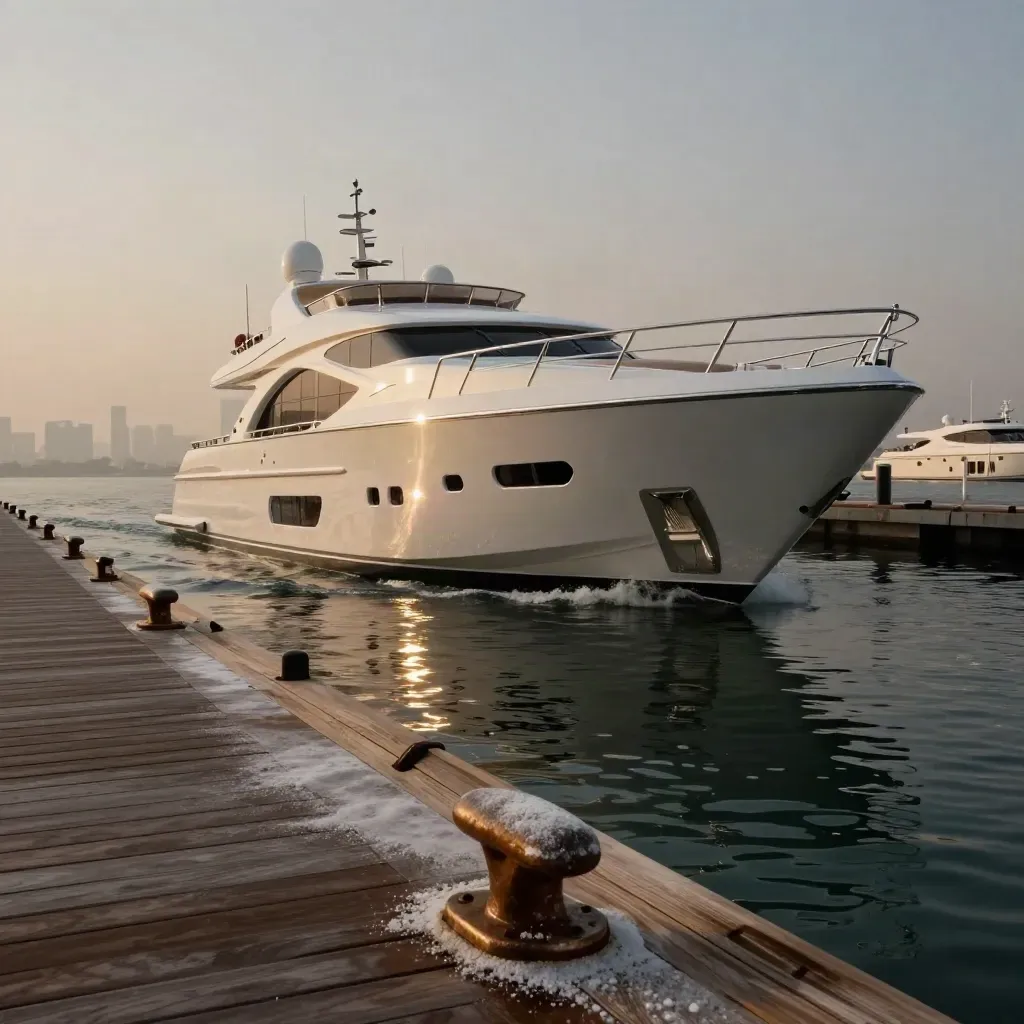 White superyacht settling into Palm Jumeirah berth at golden hour, with teak pier and hazy skyline.