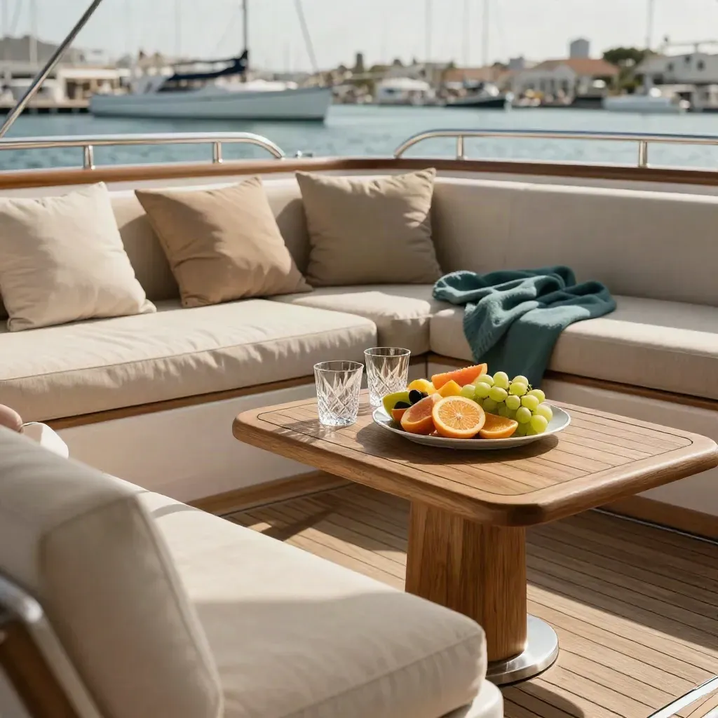 Yacht aft deck with cushions, fruit tray, and crystal tumblers in warm sea light