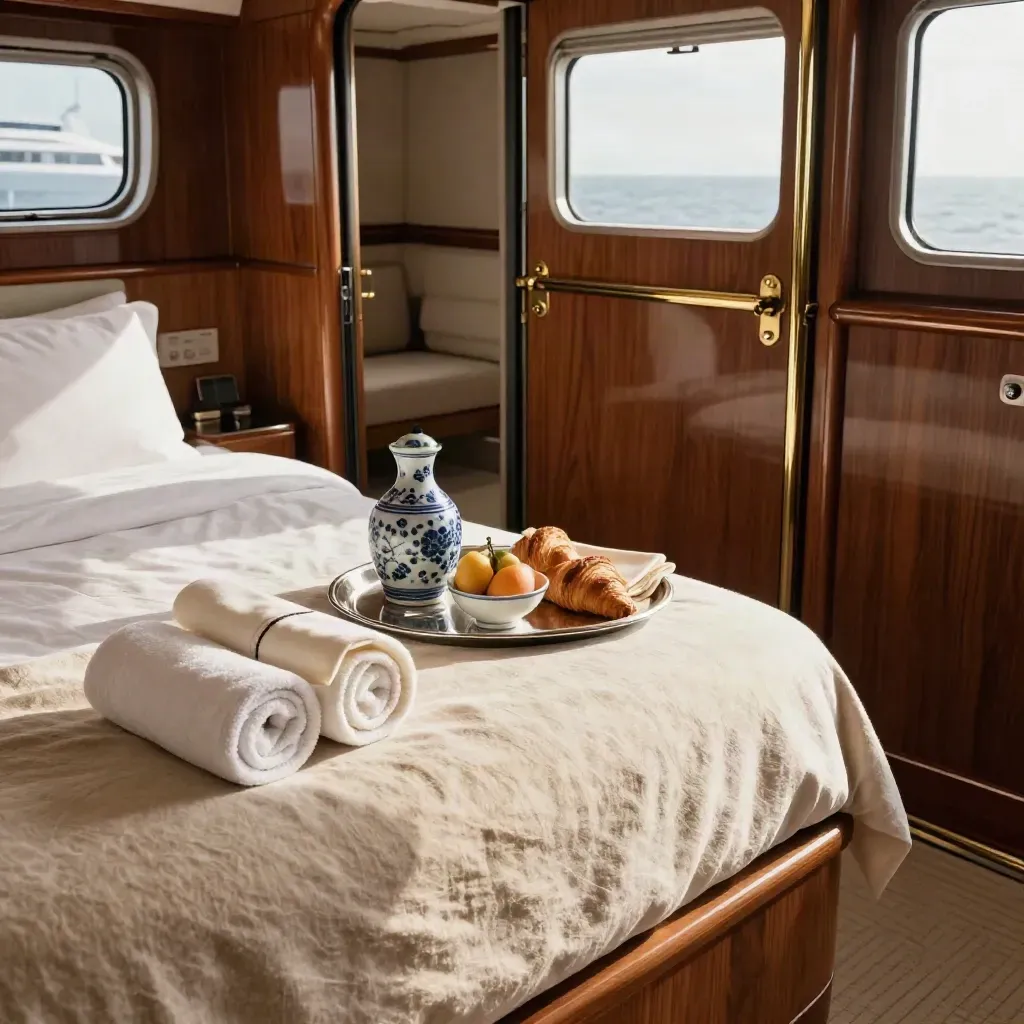 Luxury yacht guest cabin with breakfast tray, rolled towels, and crisp bedding on teak.