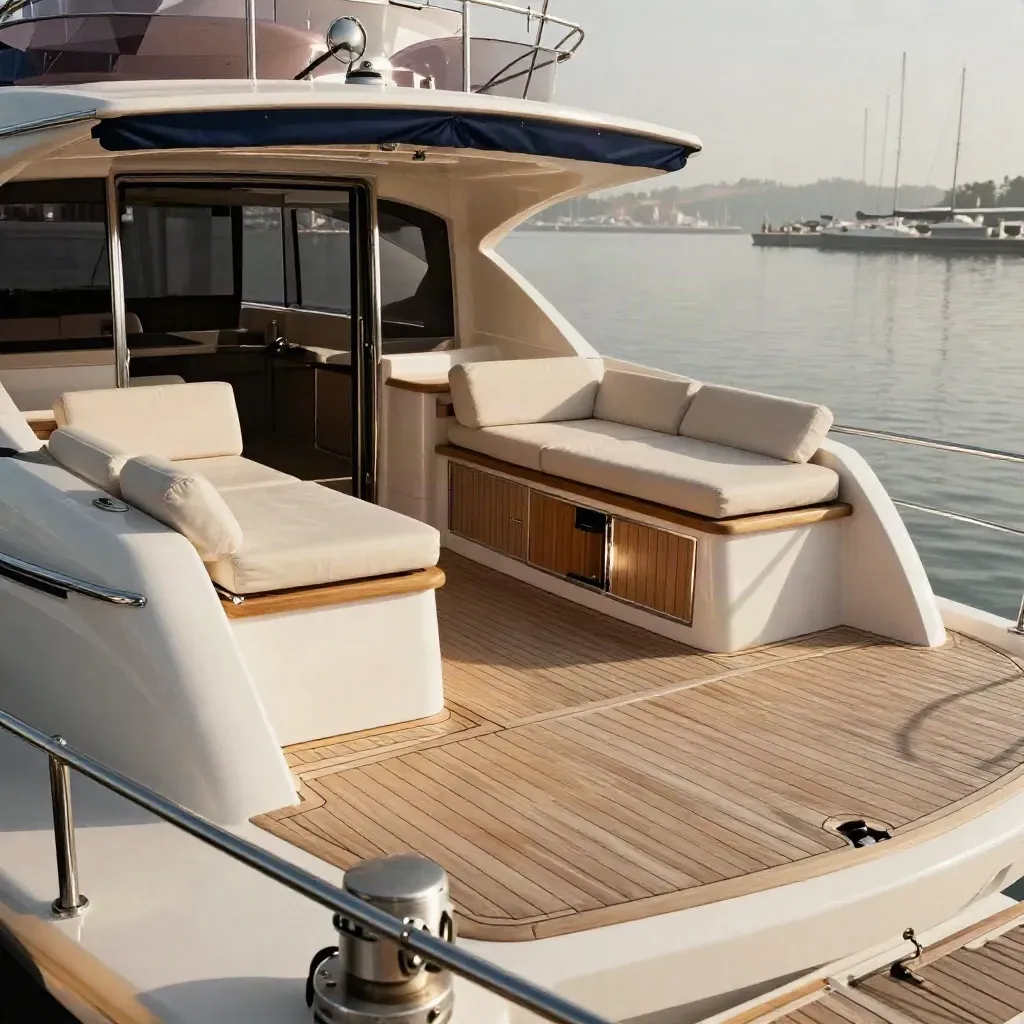 Listing yacht deck with staged cushions, open hatches and polished stainless in a misty marina view