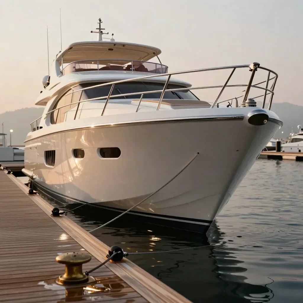Luxury yacht bow gleaming at the marina, with mooring lines, teak, and open stern platform.