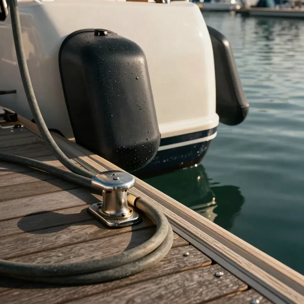 Macro of a serviced yacht berth with fender, shore cable, and cleat at the waterline.