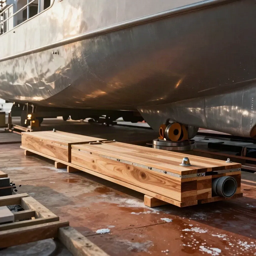 Dry-dock bow refit with teak planks, stainless fittings, and dust-lit parts in warm late-afternoon light.