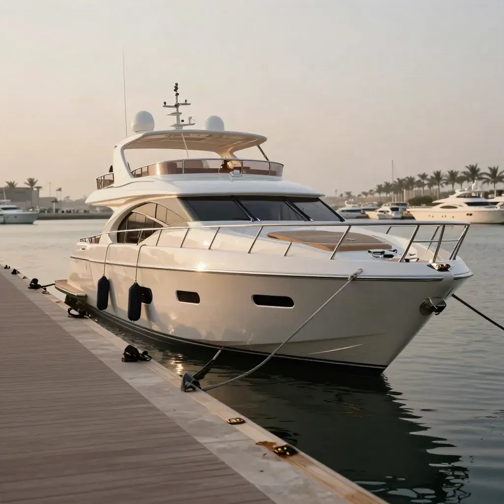 Moored 28m yacht at Palm Jumeirah berth after wash, tender astern, dusk haze, golden reflections.