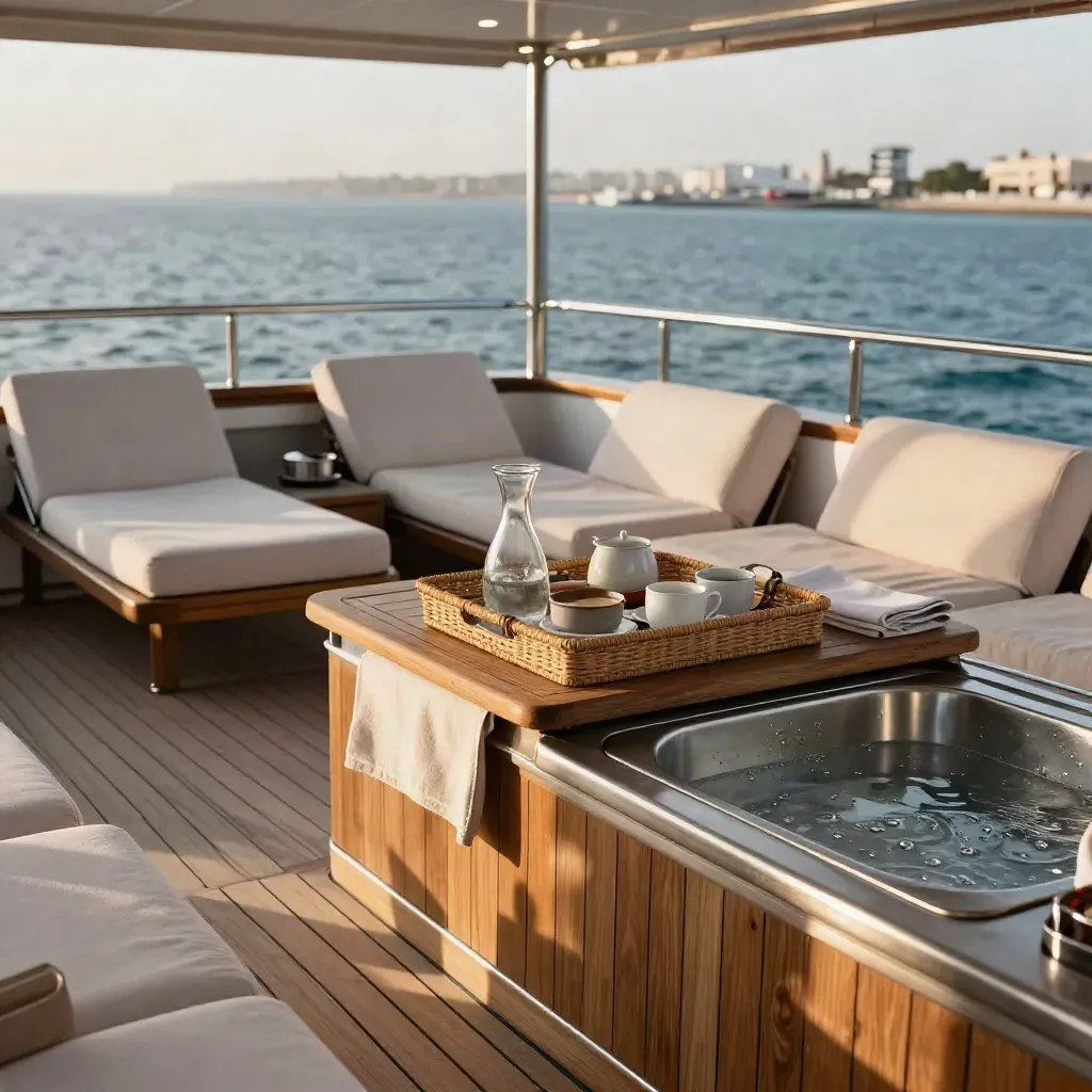 Charter yacht breakfast setup on teak deck with linens, ice, and lounges ready for guests.