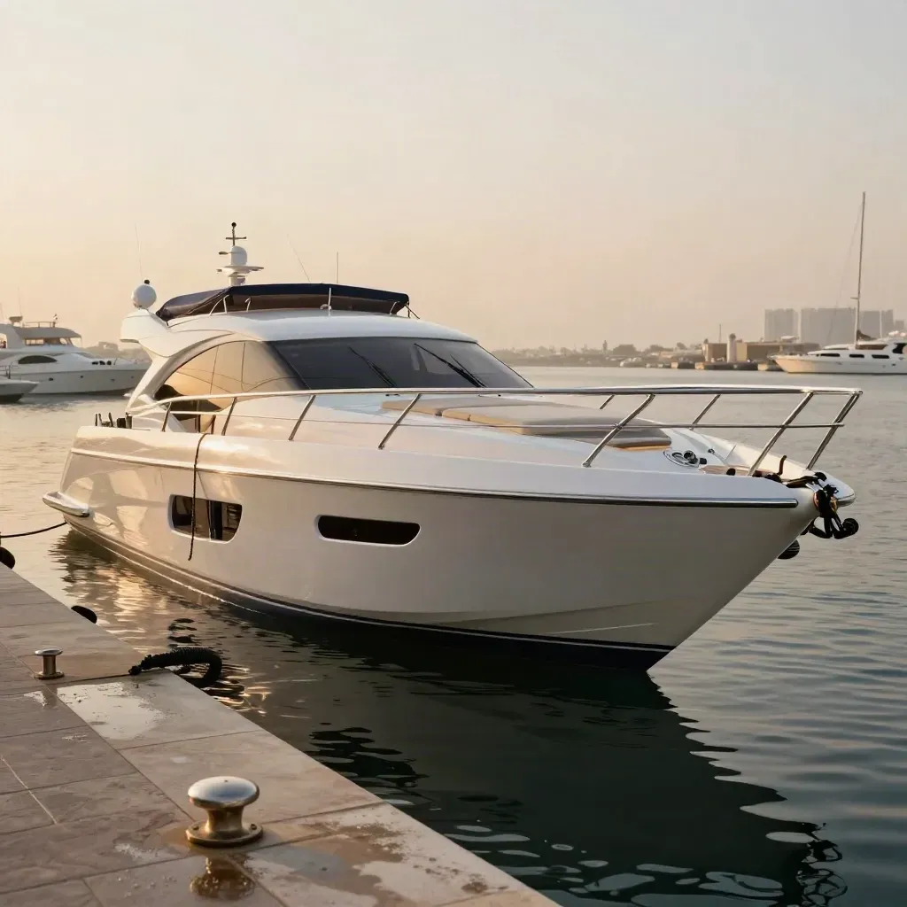 Luxury yacht at Dubai marina at golden hour, polished hull and sunpads, waterline view