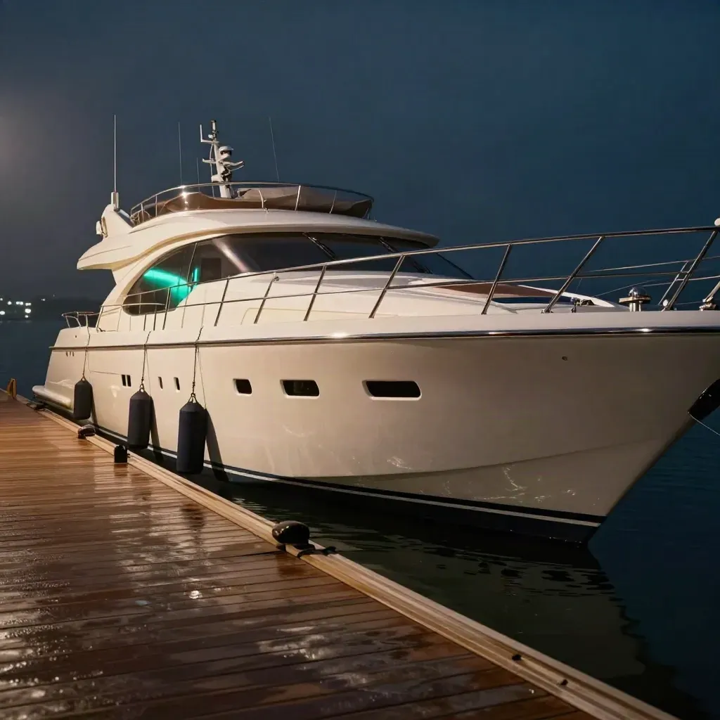 A 34m yacht at berth by night, teak deck and fitted covers lit through humid haze.