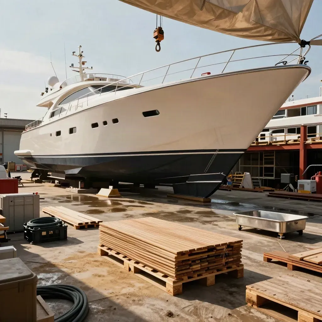 Dry dock yacht refit scene with teak, hardware crates, and dust in motion.