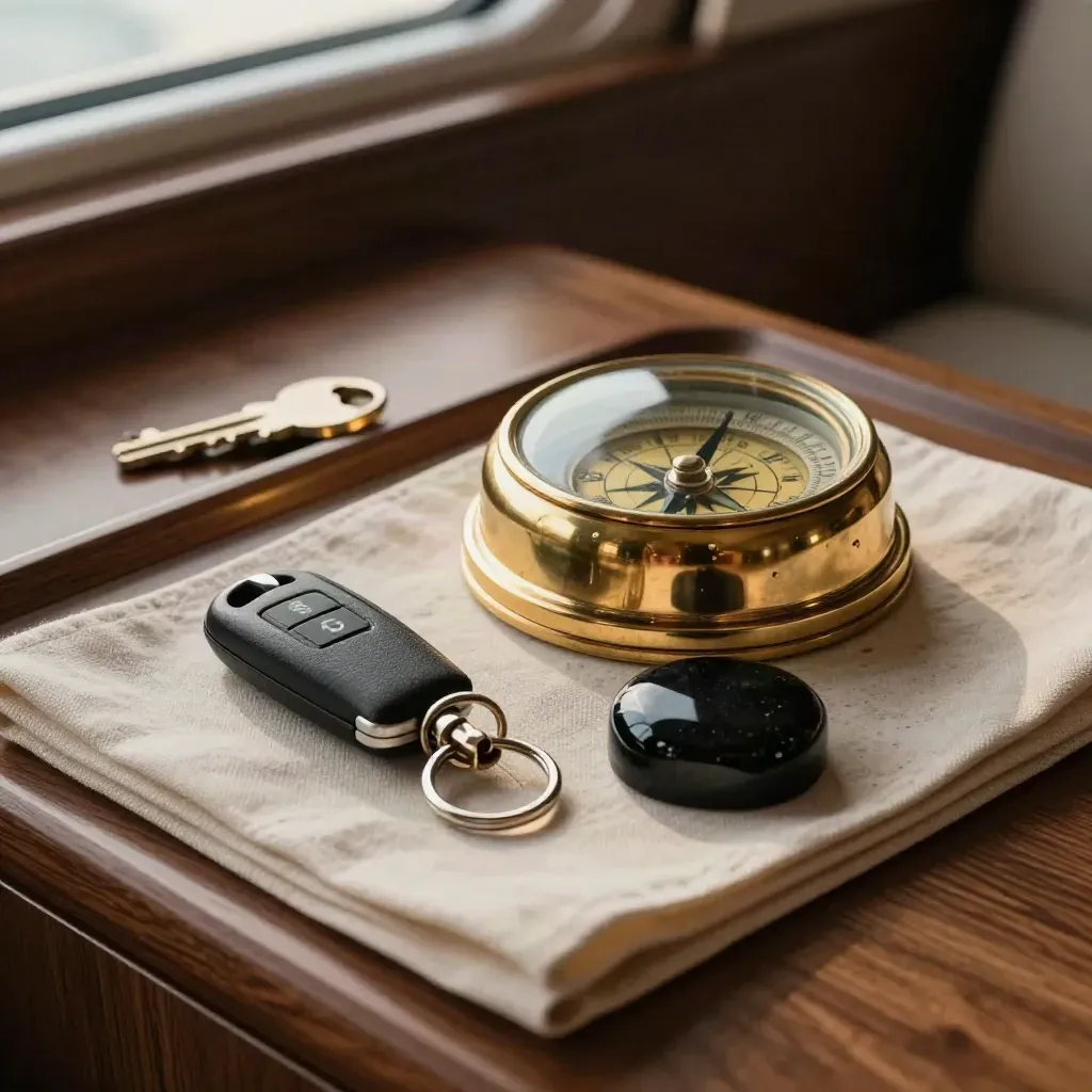 Brass compass dome, yacht key fob and black paperweight on a walnut console.