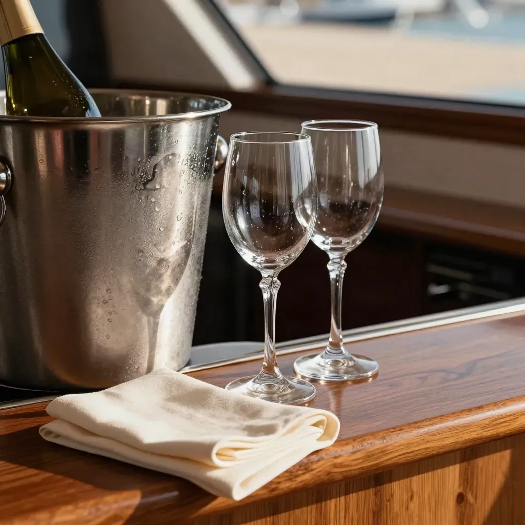 Condensation on a chilled bucket beside two crystal flutes and folded napkins on teak.