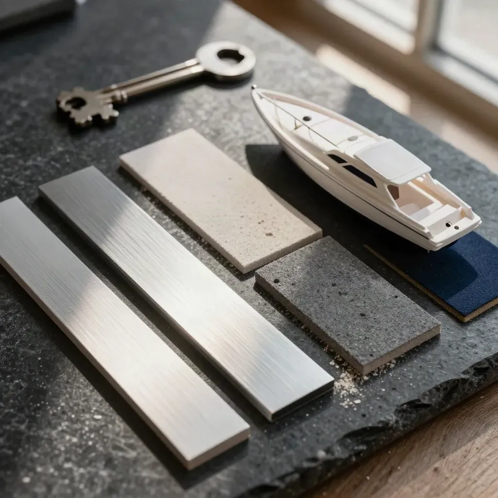 Top-down macro of yacht finish swatches, brushed metal strips and a bow model on dark stone.