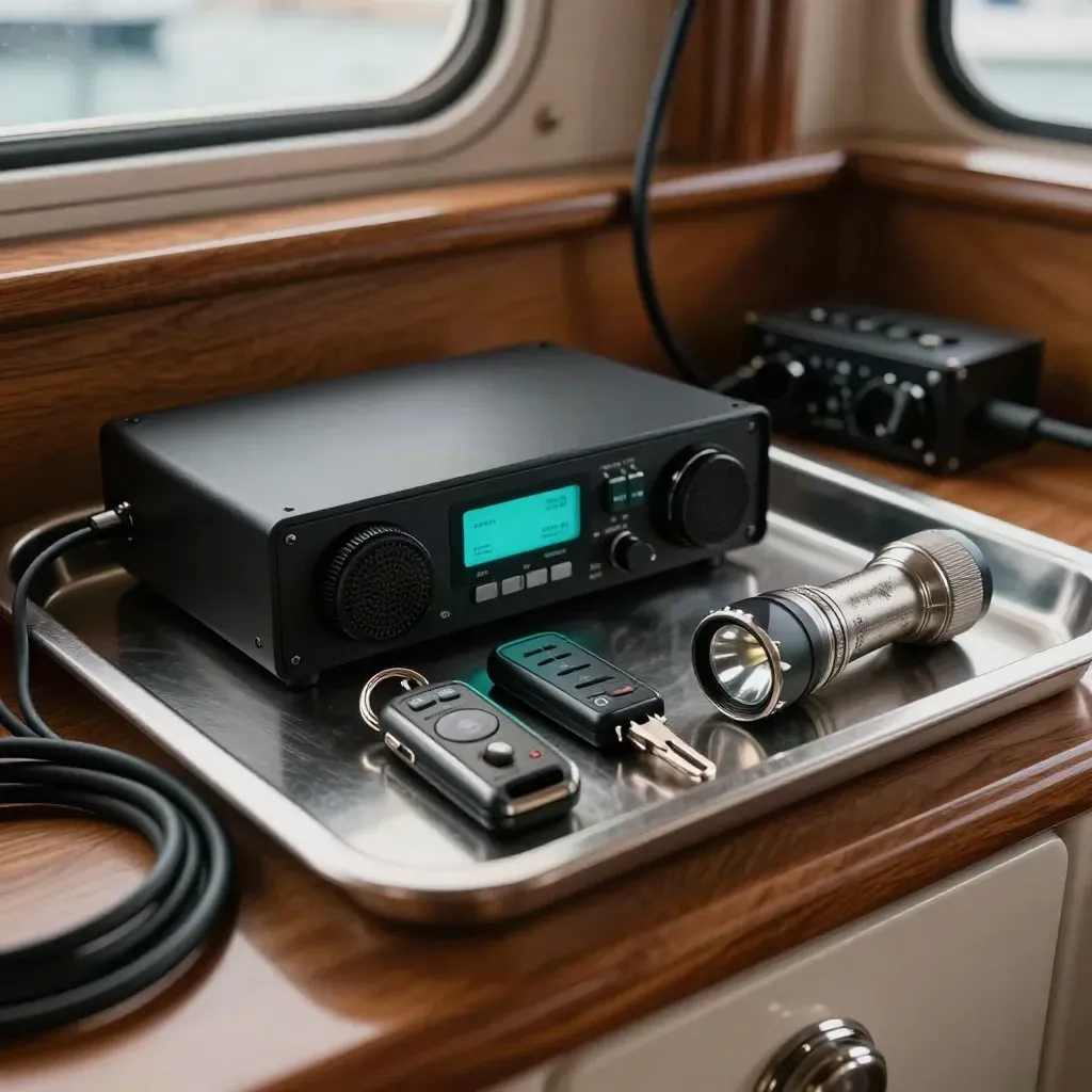Dock radio, key fobs, flashlight and charging lead on a yacht service tray in dramatic light