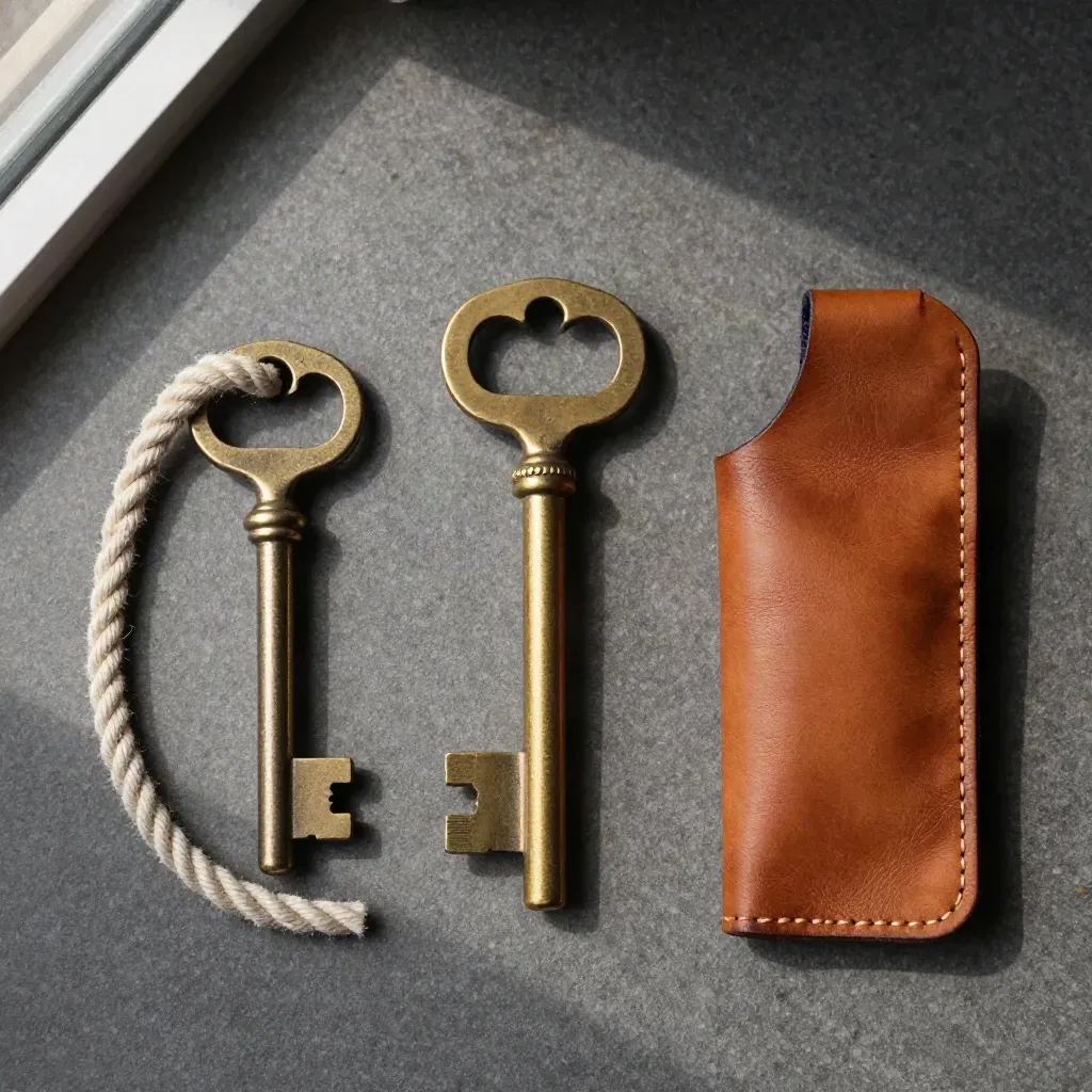 Brass marina key, rope line, and leather sleeve on stone, lit softly from one side.