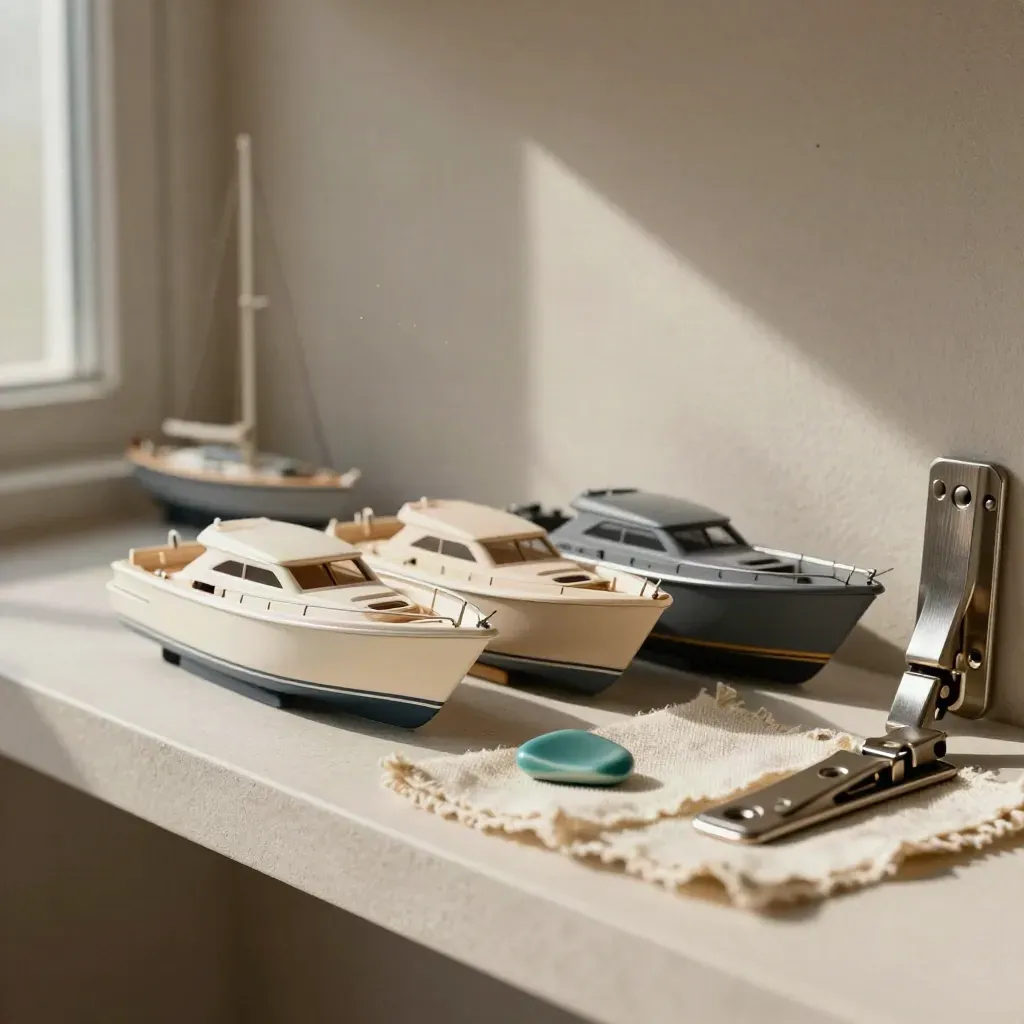 Three yacht model bows, linen swatch, and metal hinge on a pale shelf with soft light.