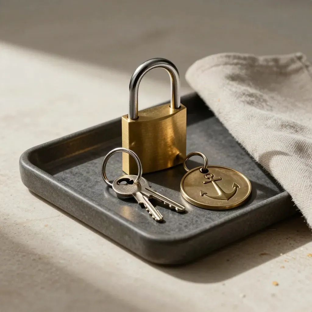 Brass padlock, key ring and dock token in a dark tray on stone, lit from one side.