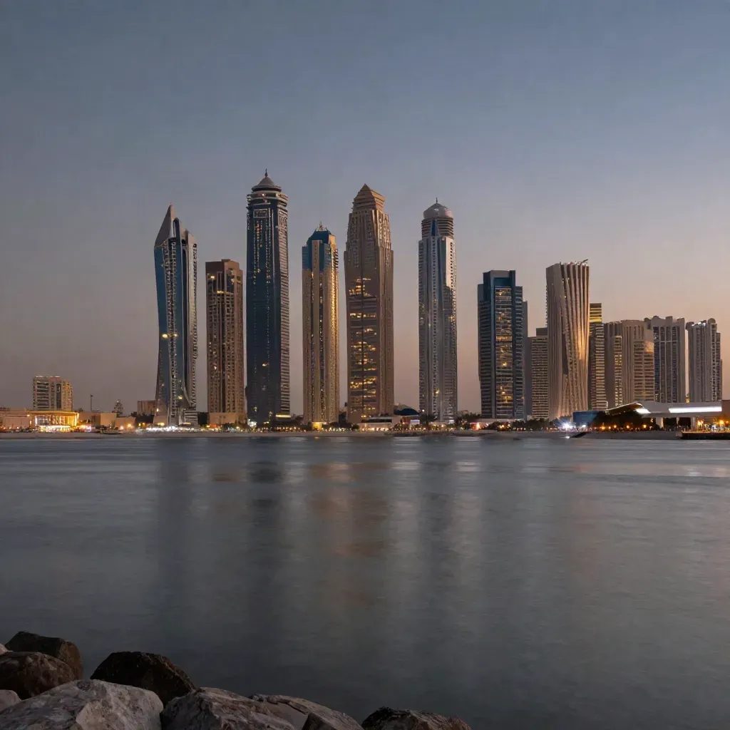 Dubai Marina towers and Palm Jumeirah curve over calm blue-hour water