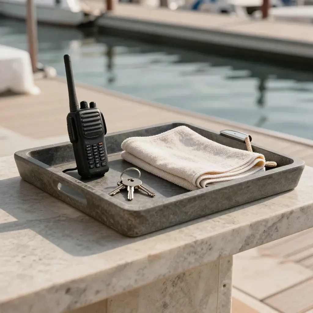 Marina service tray with VHF handset, dock keys, cloth, and mooring line on stone