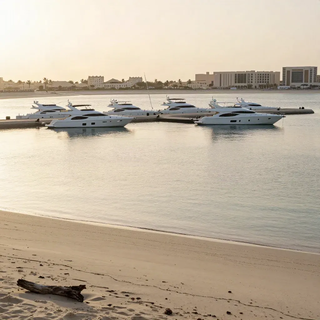 Golden-hour Abu Dhabi coast with yachts, hazy shoreline, and calm reflective water.