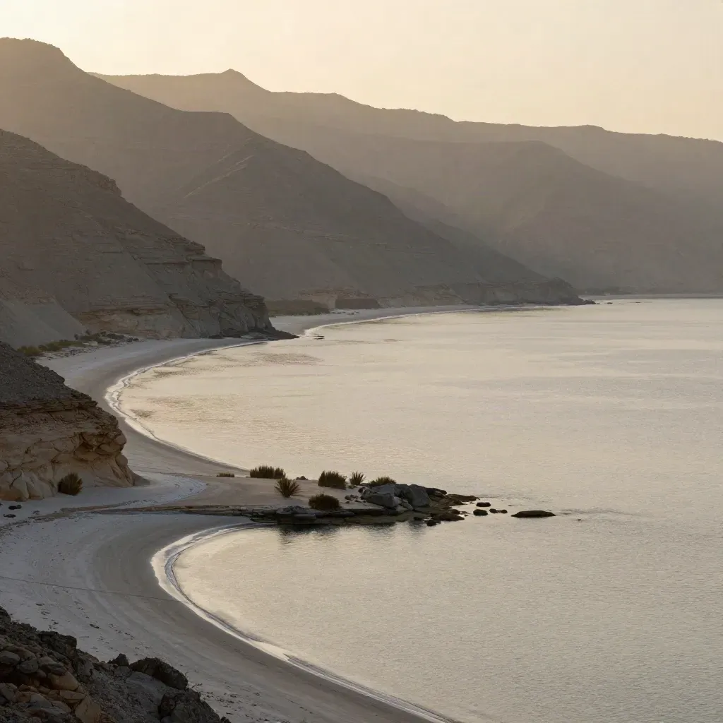 Northern UAE coast at golden hour with Hajar foothills over a calm Gulf edge.