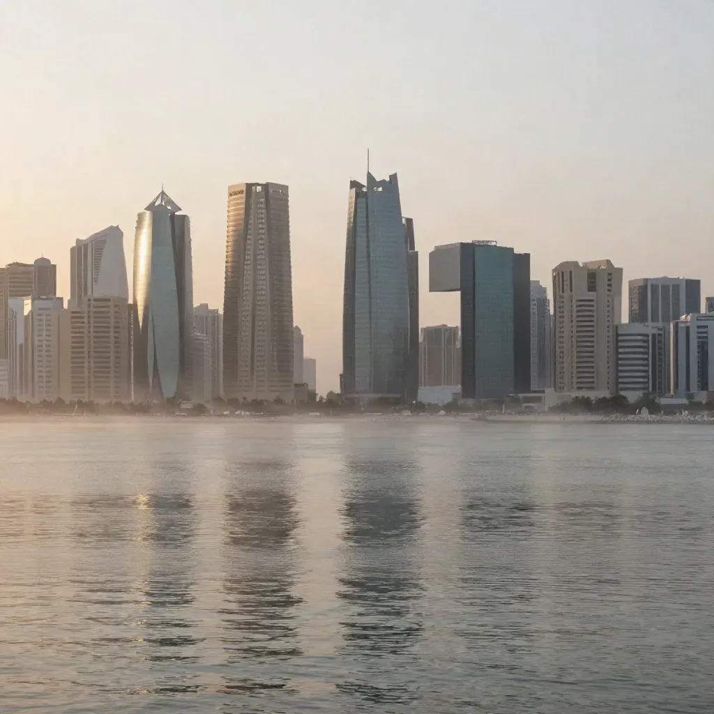 Doha skyline above a misty glassy bay at first light