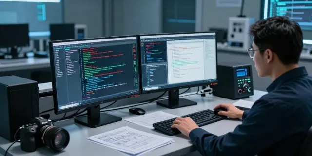 Expert in digital investigations analyzing data in a modern forensic lab, highlighting advanced technology and investigative tools.