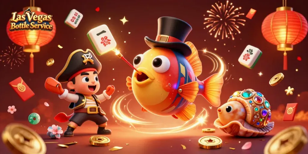 Experience Las Vegas Bottle Service with a vibrant 3D party scene featuring animated characters, celebrating with luxurious drinks and confetti.