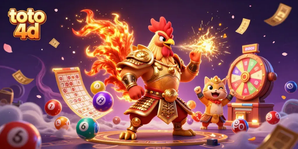 Experience thrilling toto 4d excitement with a cartoon rooster warrior and dragon in a vibrant lottery scene.