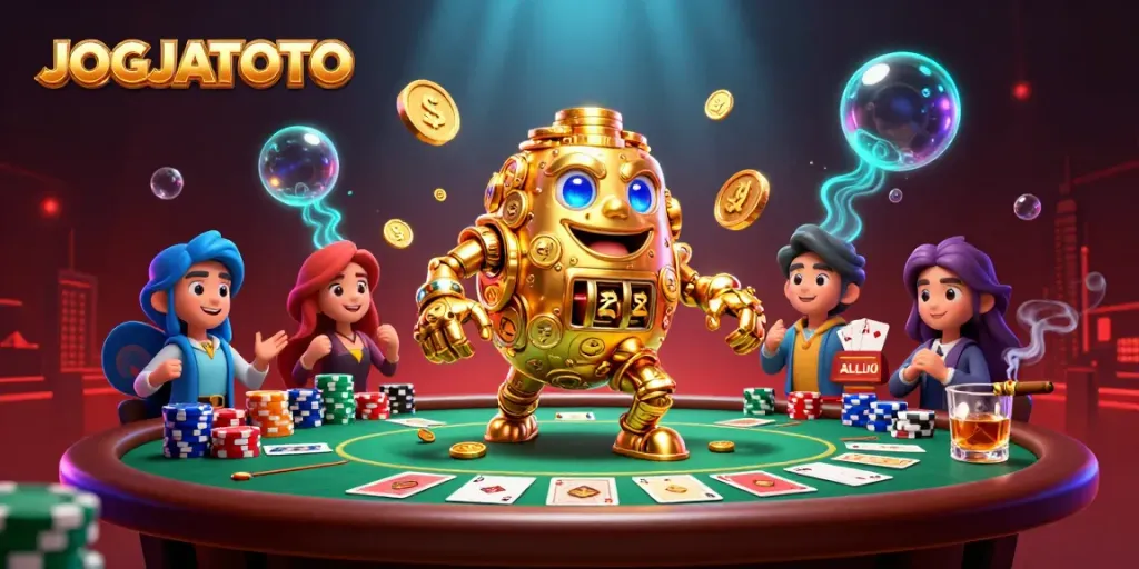 Engage with JOGJATOTO as golden golem coins spin and poker chips tower in a vivid casino scene.