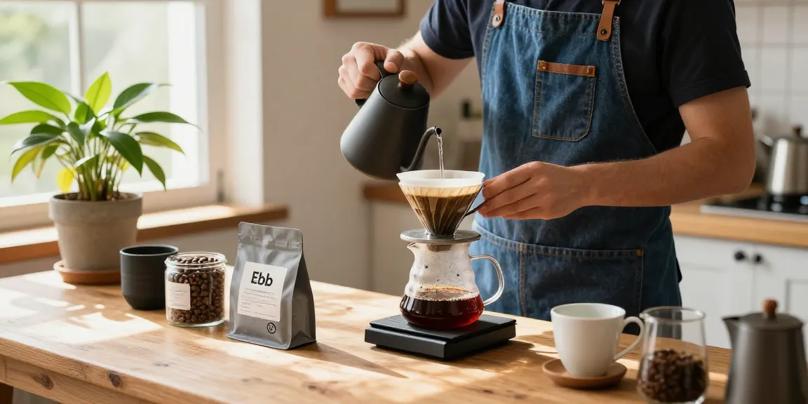 Brewing coffee with Ebb's upcycled denim apron at www.ebbfilter.com in a cozy kitchen setting.