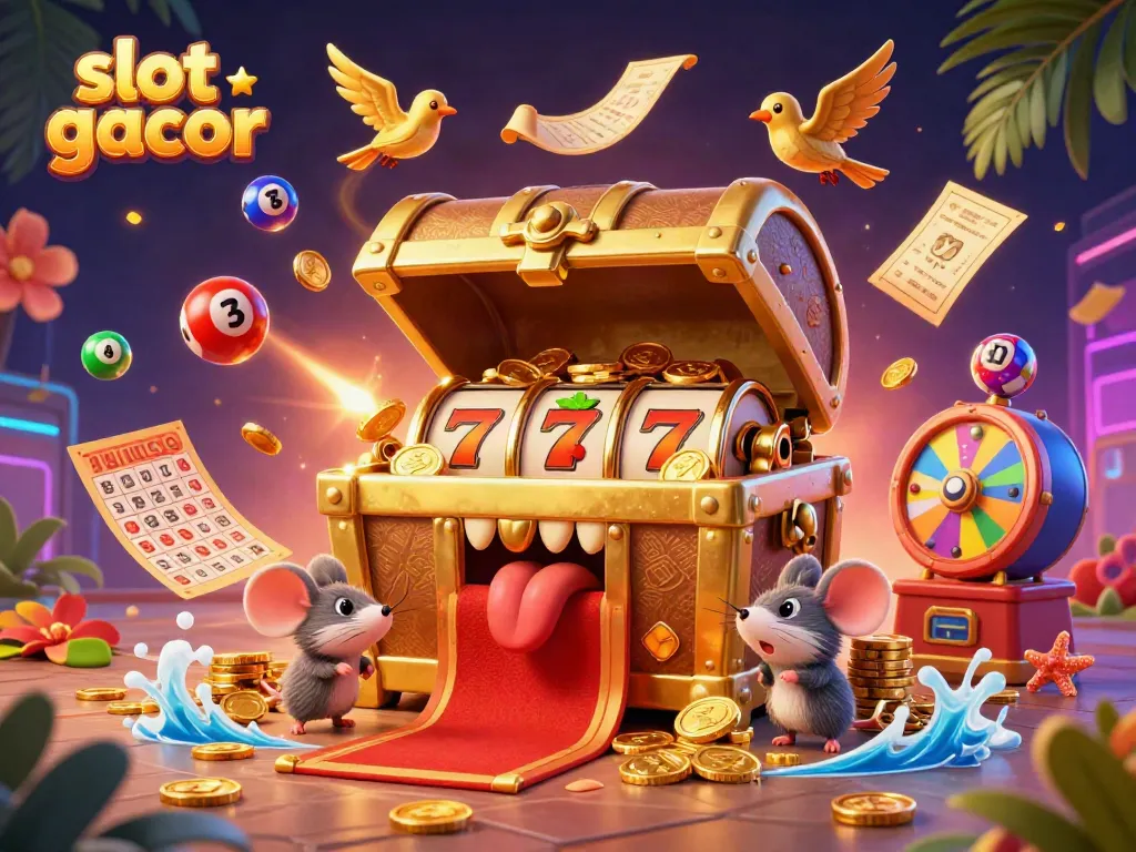 Engaging 3D illustration capturing slot gacor excitement with vibrant lottery balls and treasure chest character.