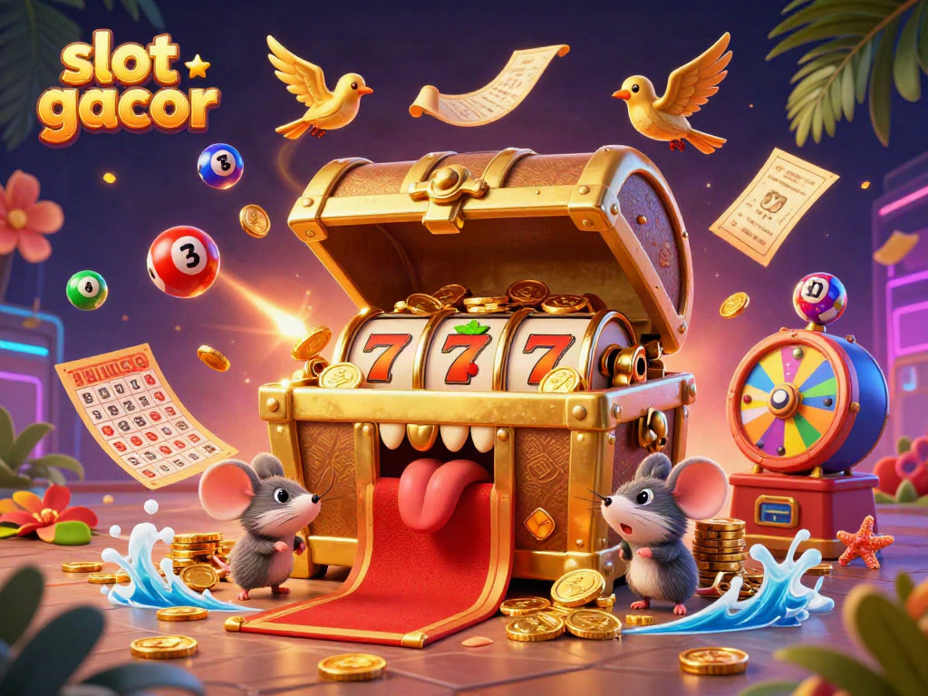 Engaging 3D illustration capturing slot gacor excitement with vibrant lottery balls and treasure chest character.