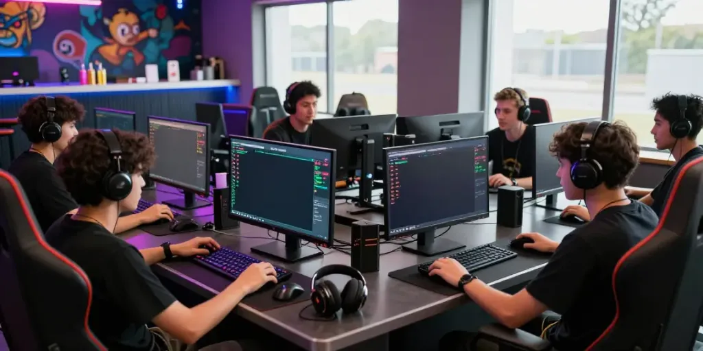 Players enjoying game online at a vibrant gaming lounge with multiple screens and competitive atmosphere.