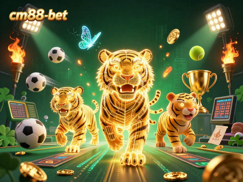 Experience thrilling gameplay at cm88-bet with a golden tiger navigating a dazzling digital casino.