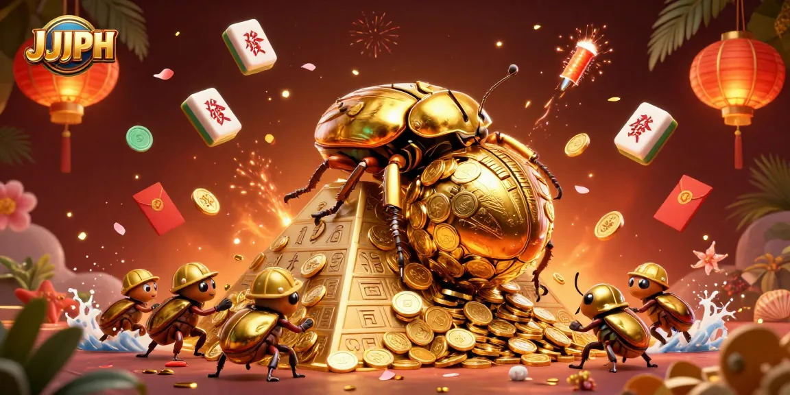 Experience JJJPH's vibrant gaming scene featuring golden dung beetles and casino symbols.