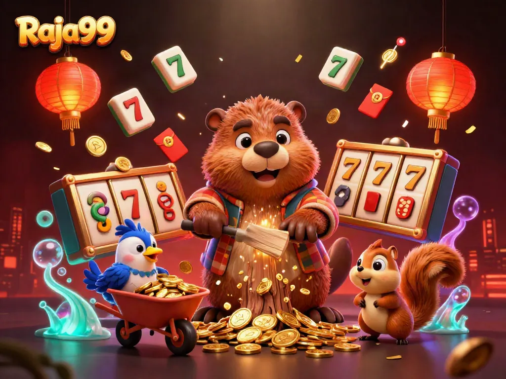 Raja99 menghadirkan suasana bermain slot dengan beaver dan teman-temannya mengumpulkan koin emas.