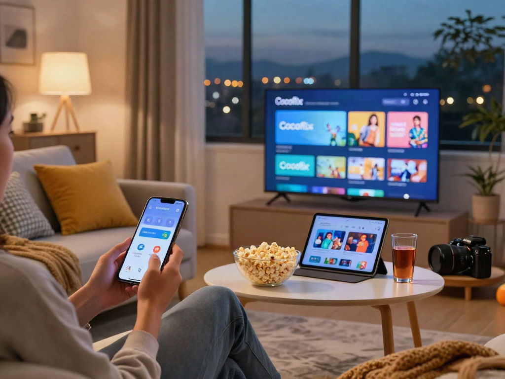 Cocoflix apk showcased on a smartphone in a cozy entertainment setting with ambient lighting.
