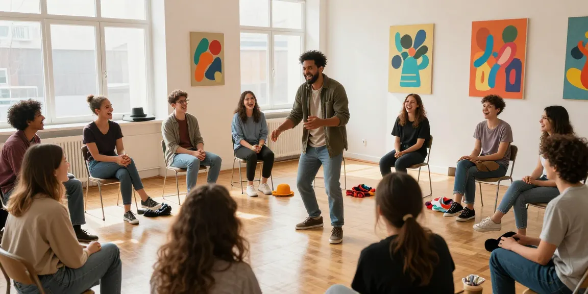Improv for beginners interactive class with diverse participants showcasing creativity in a bright studio.