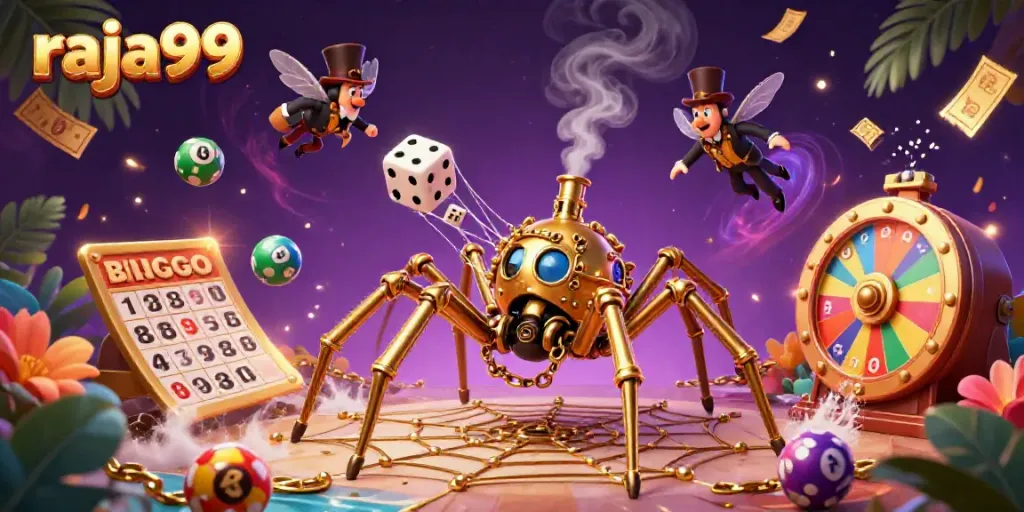 Experience the excitement of raja99 with a vibrant, detailed casino-themed illustration featuring dynamic game elements.