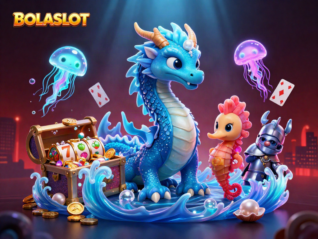 BOLASLOT brings excitement with a vibrant underwater scene of a dragon and jellyfish among slot reels.