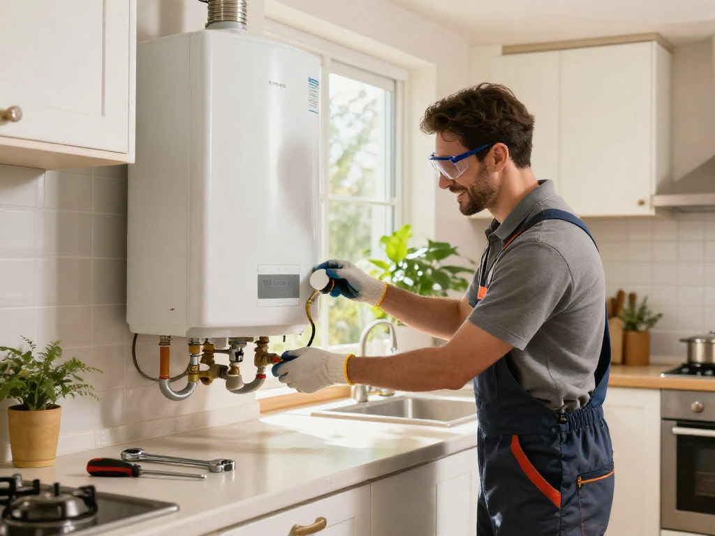 Expert water heater replacement Fort Worth in a modern kitchen with technician ensuring quality service.