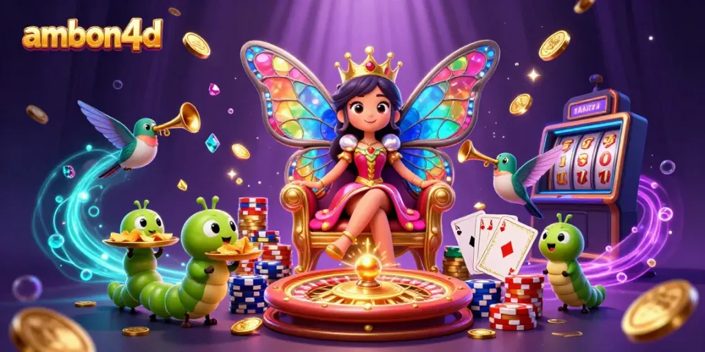 Experience winning with ambon4d in a vibrant casino illustration featuring a butterfly queen and rich game elements.