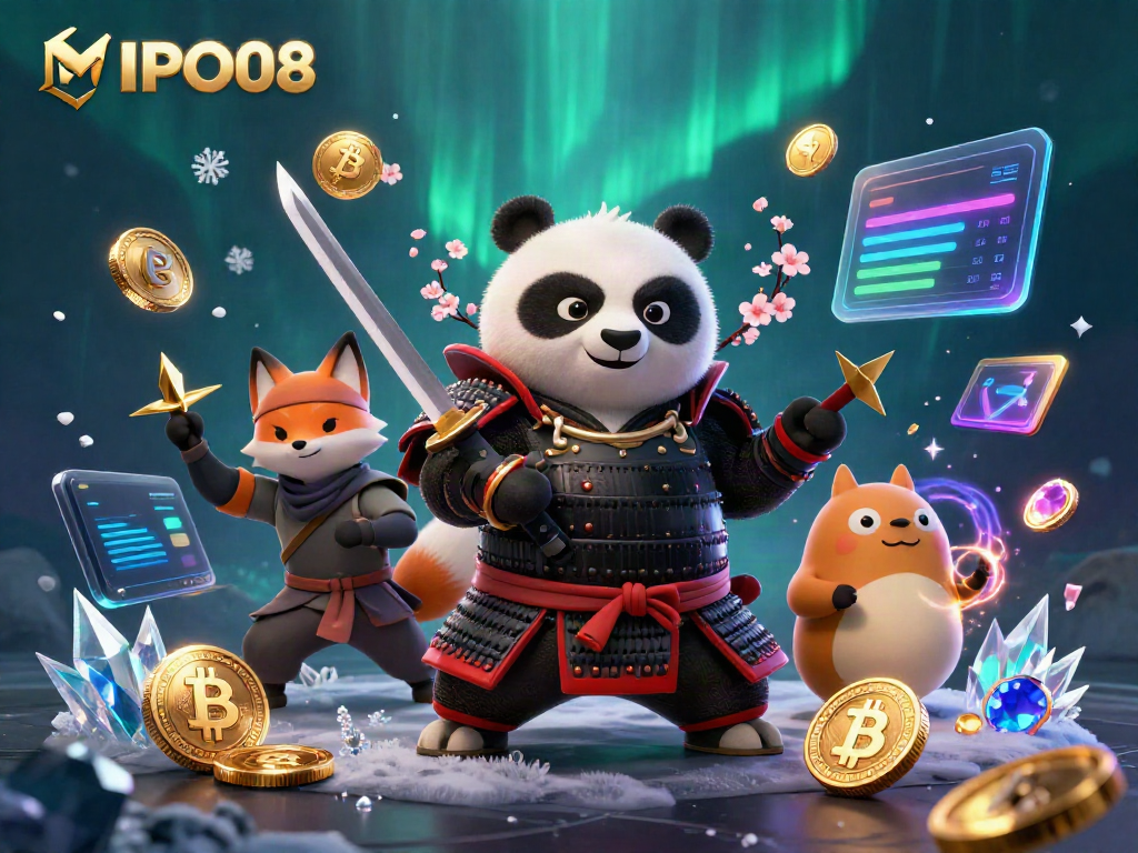 MPO08 features a three-character scene with a samurai panda, ninja fox, and spirit tanuki in an action-filled casino setting.
