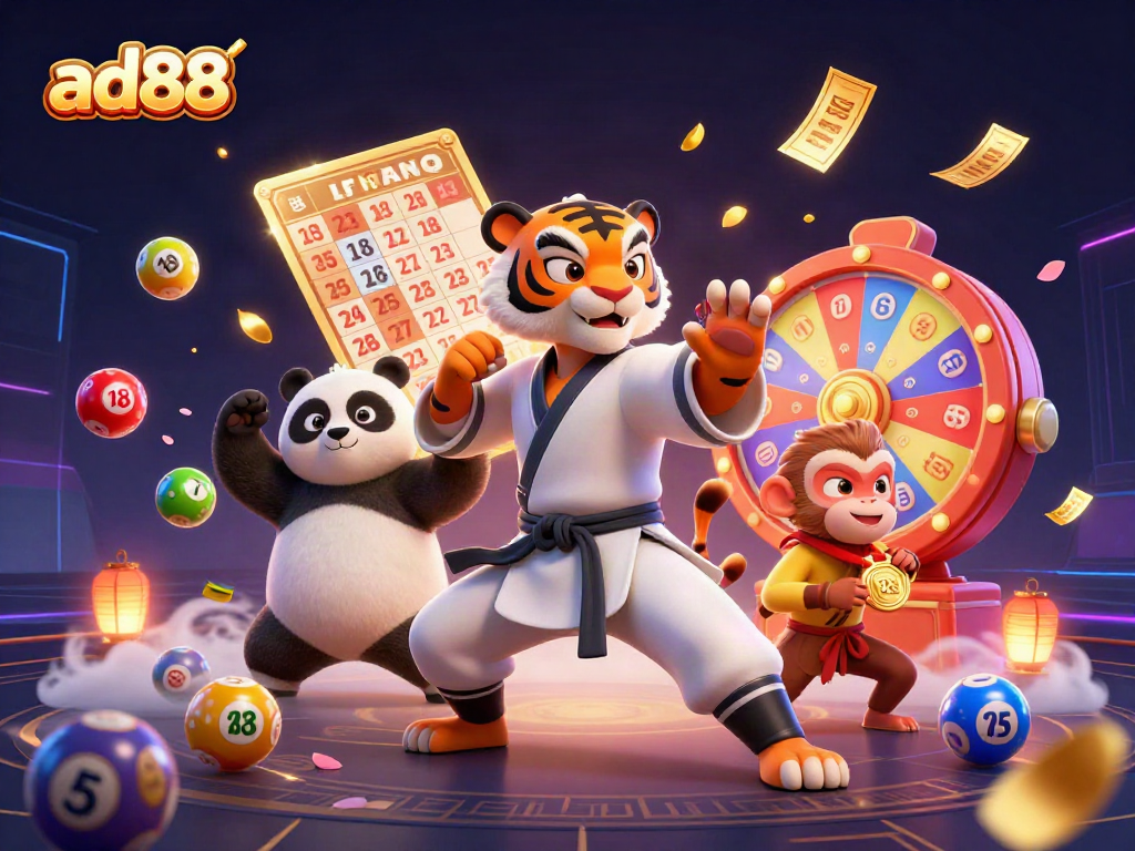 Engage with ad88 fun in a vibrant casino scene featuring a kung fu tiger master and playful characters.