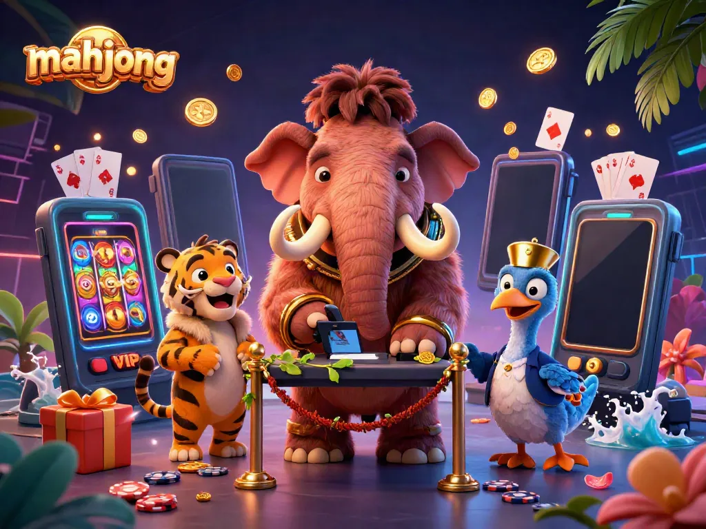 Engage in mahjong gameplay with vivid slot visuals and lively casino characters in a dynamic scene.
