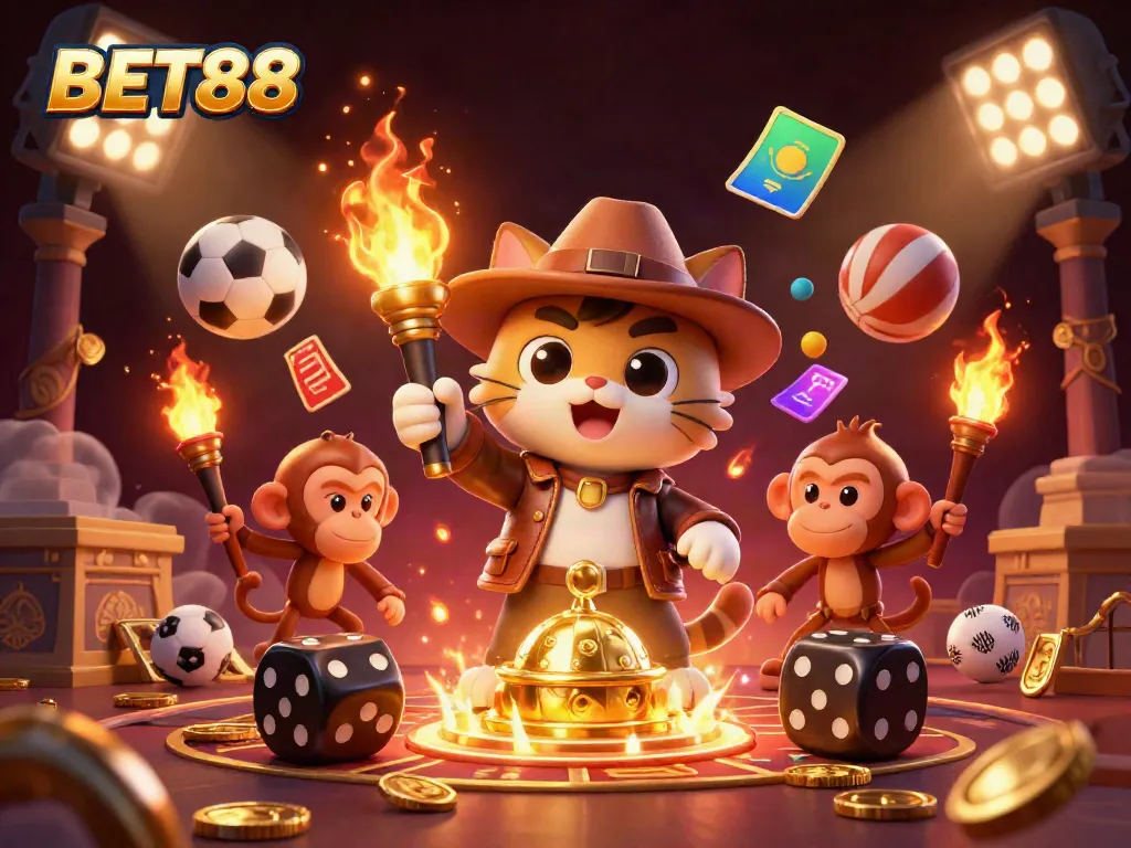 BET88, khám phá kho báu casino vàng trong ngôi đền với mèo phiêu lưu và khỉ cầm đuốc.