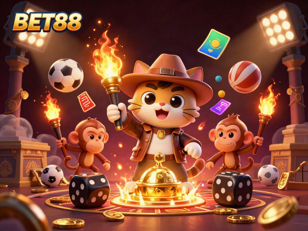 BET88, khám phá kho báu casino vàng trong ngôi đền với mèo phiêu lưu và khỉ cầm đuốc.
