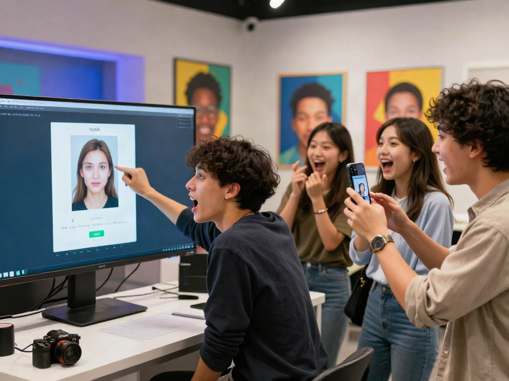 Participants excitedly engaging in the how old do I look photo challenge with friends in a vibrant digital studio.