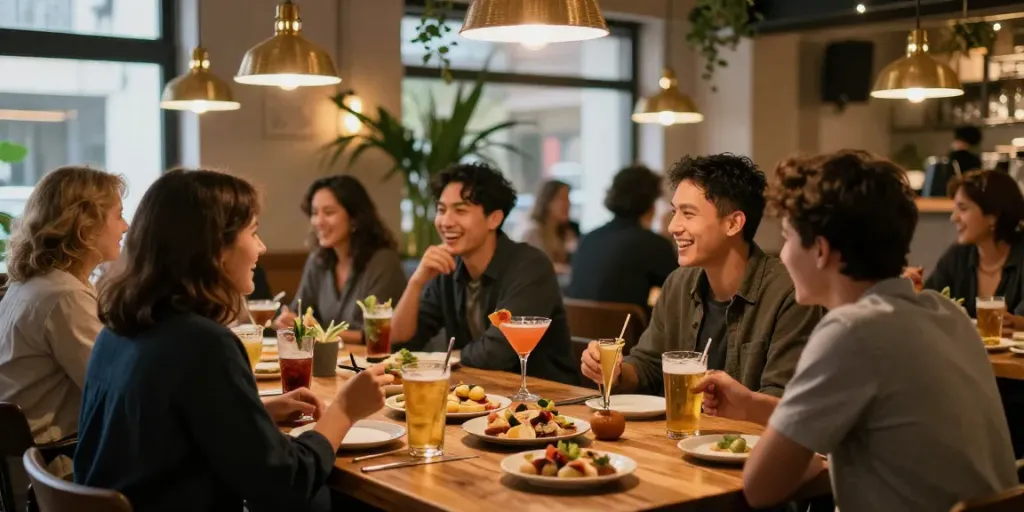 Suasana restoran di The Keg Room NYC dengan teman-teman menikmati koktail dan makanan ringan.