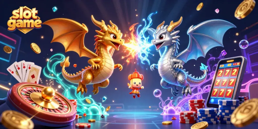 Experience thrilling action with slot game elements amidst dragons and casino icons in vibrant 3D.