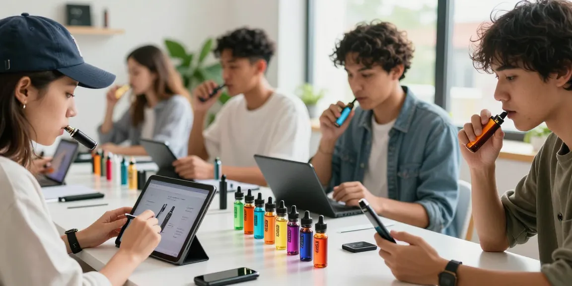Engaging shopping scene for vape juice online with diverse vapers exploring colorful e-liquids.